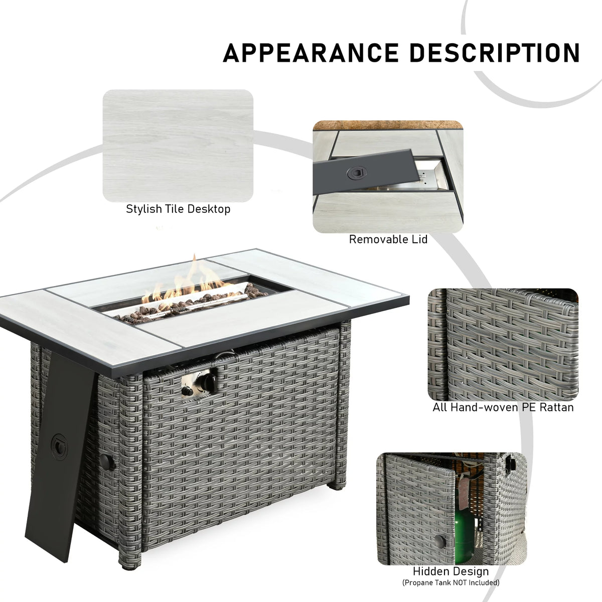 Outdoor Wicker Propane Fire Pit Table 42-Inch 50,000 BTU with Cover & Lid B3722