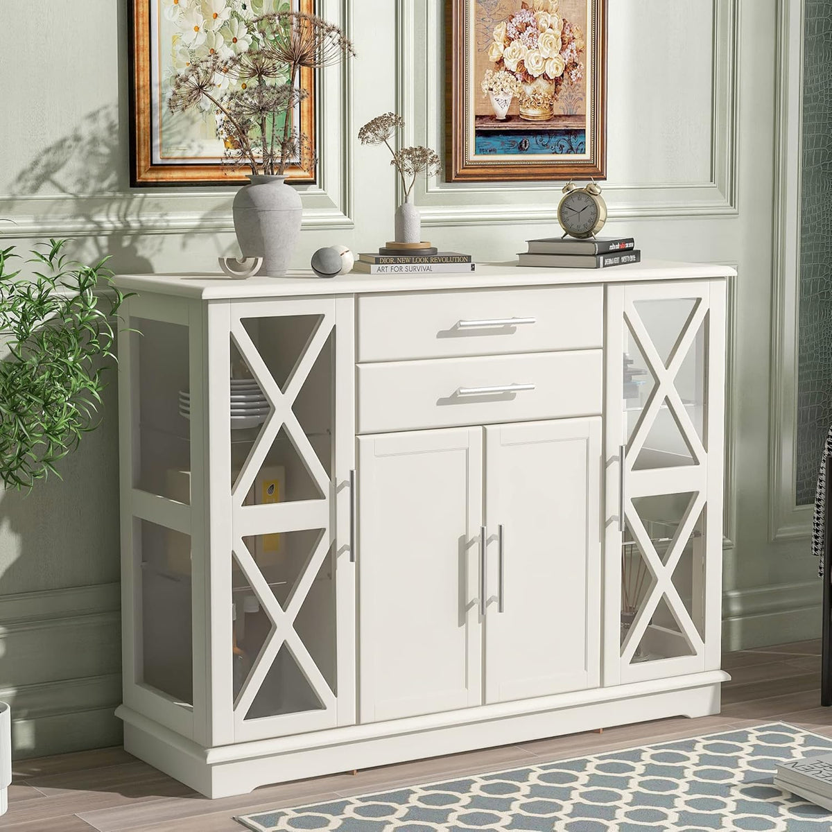 Black Wood Glass Sideboard Buffet Server with 2 Drawers and 3 Cabinets K137982