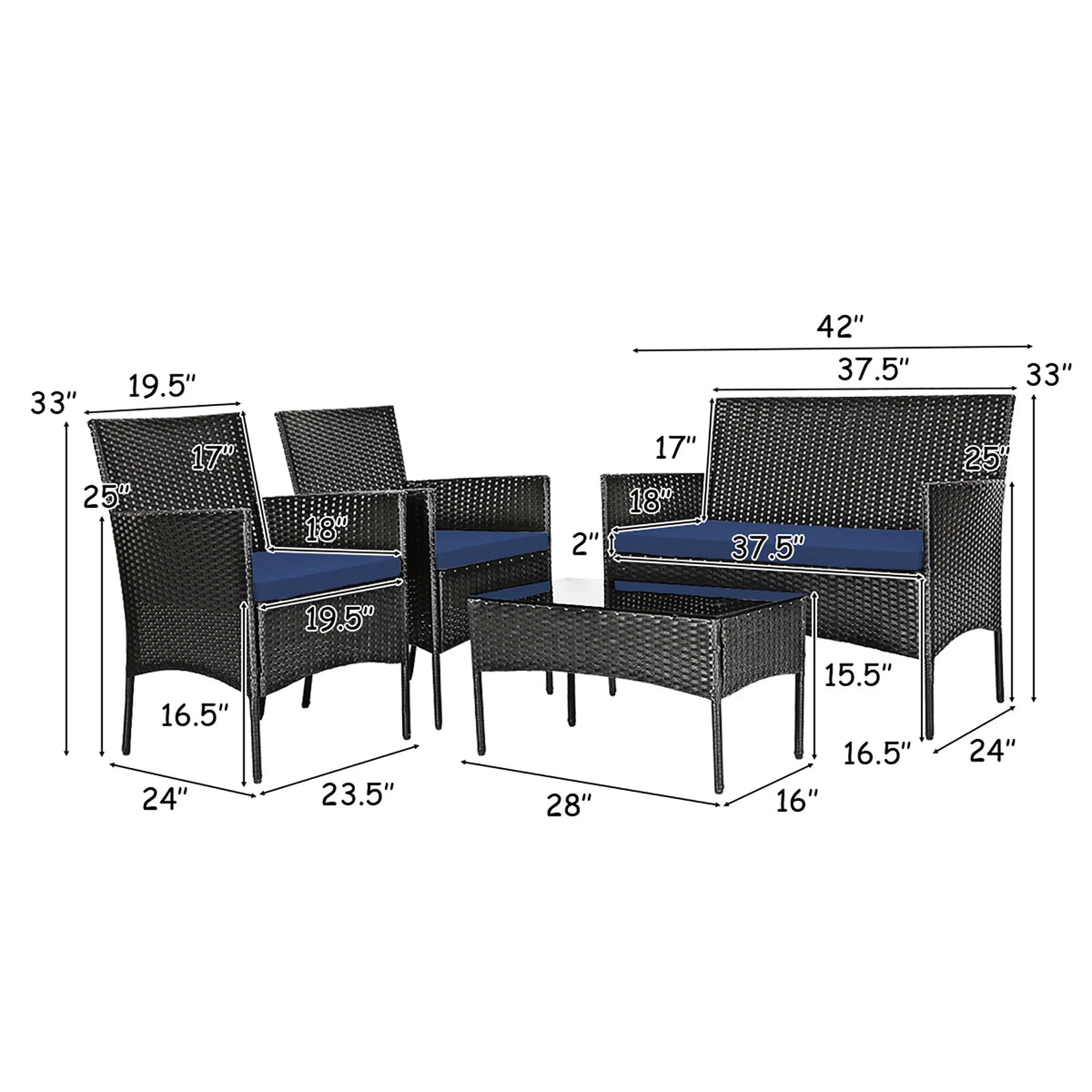 4 Pcs Outdoor Rattan Furniture Set with Cushion J7459