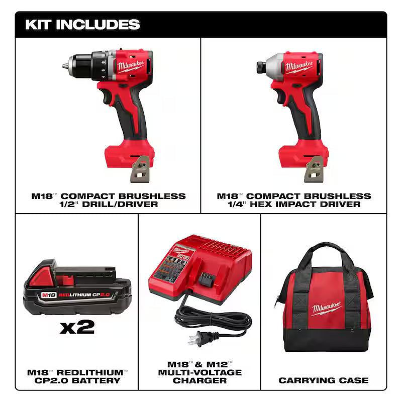 18V Lithium-Ion Brushless Cordless Compact Drill/Impact Combo Kit (2-Tool) with Brushless Grinder Z12046