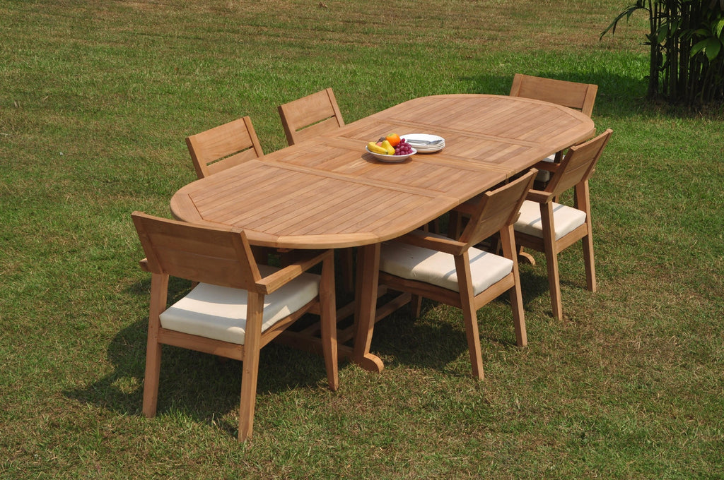 Grade-A Teak 7 Pc Dining Set with 6 Seater Oval Trestle Leg Table and 6 Stacking Arm Chairs Z42503