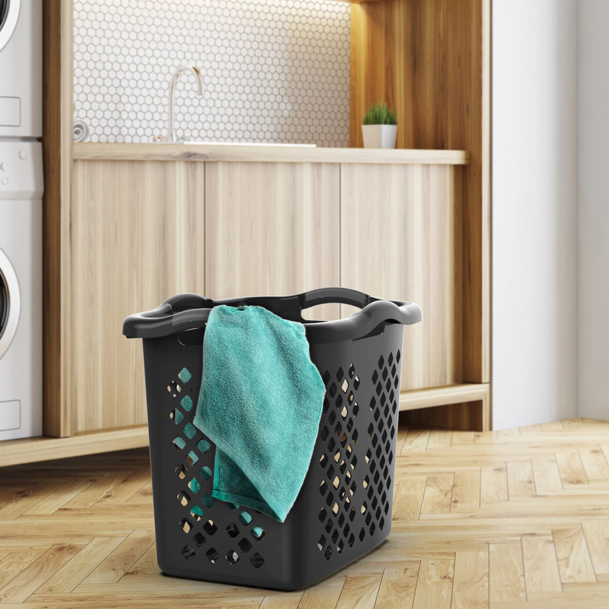 Black 2 Bushel Plastic Laundry Basket with Handles, 2 Pack X345181