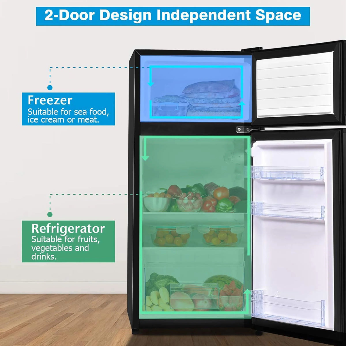2 Doors 3.4 cu ft. Compact Mini Refrigerator Freezer M9375