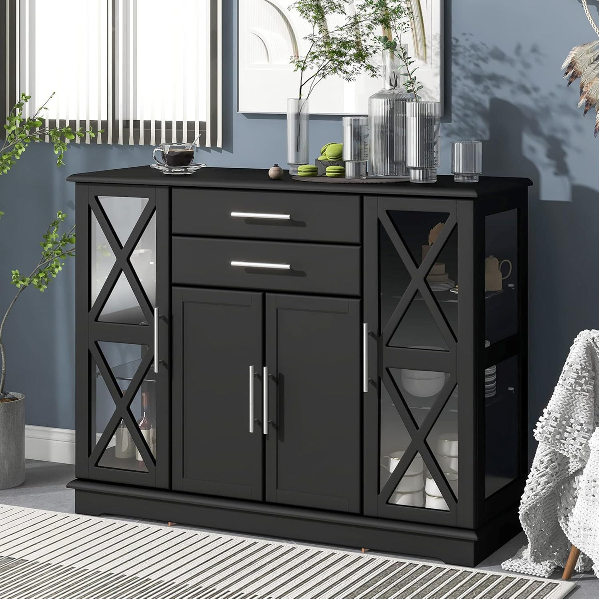 Black Wood Glass Sideboard Buffet Server with 2 Drawers and 3 Cabinets K137982