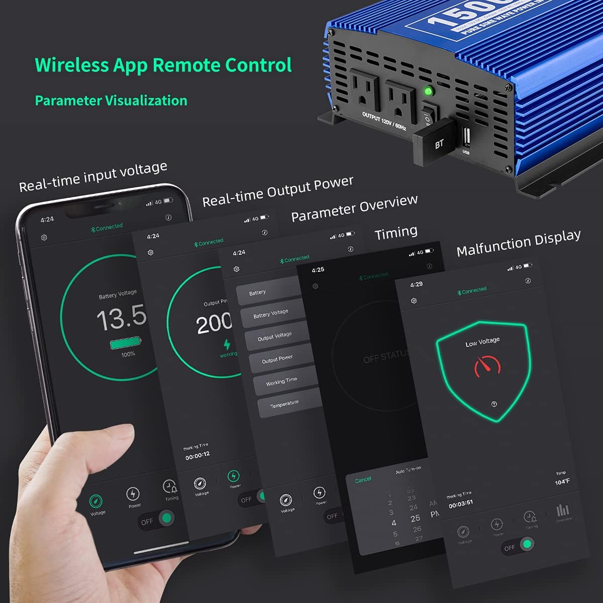 1500W Pure Sine Wave Power Inverter 12V DC to 110V AC with Bluetooth H5239