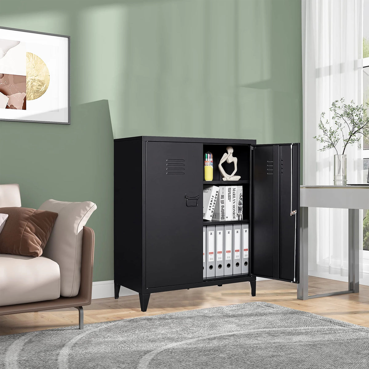 2 Door Metal Accent Cabinet with 2 Shelves, Black S579