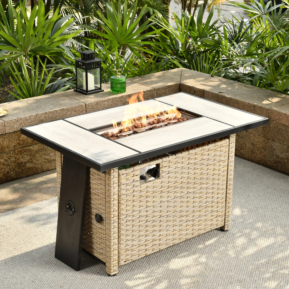 Outdoor Wicker Propane Fire Pit Table 42-Inch 50,000 BTU with Cover & Lid B3722