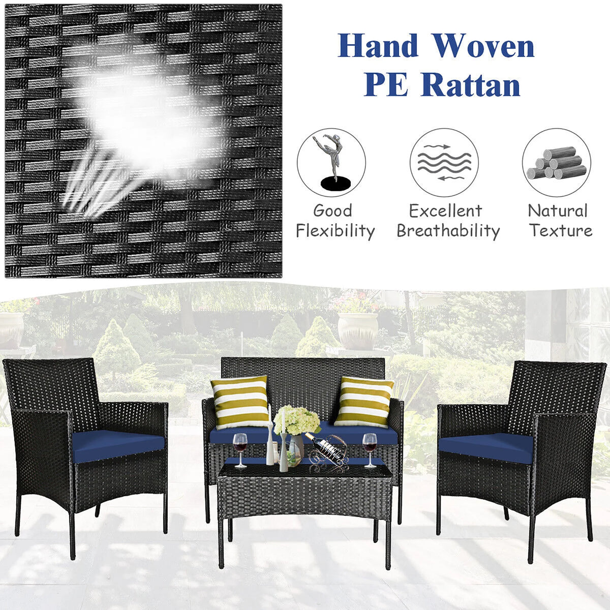 4 Pcs Outdoor Rattan Furniture Set with Cushion J7459