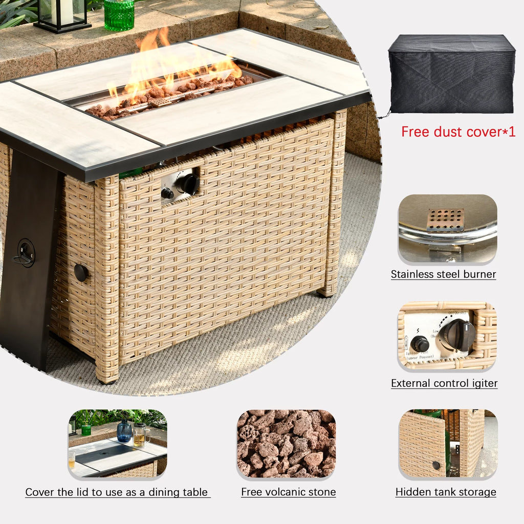 Outdoor Wicker Propane Fire Pit Table 42-Inch 50,000 BTU with Cover & Lid B3722