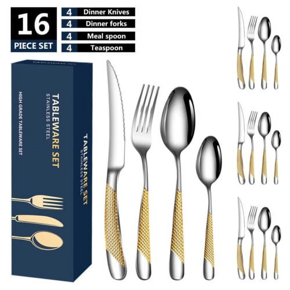 16 Piece Hammered Gold Plated Stainless Steel Flatware Set O52606