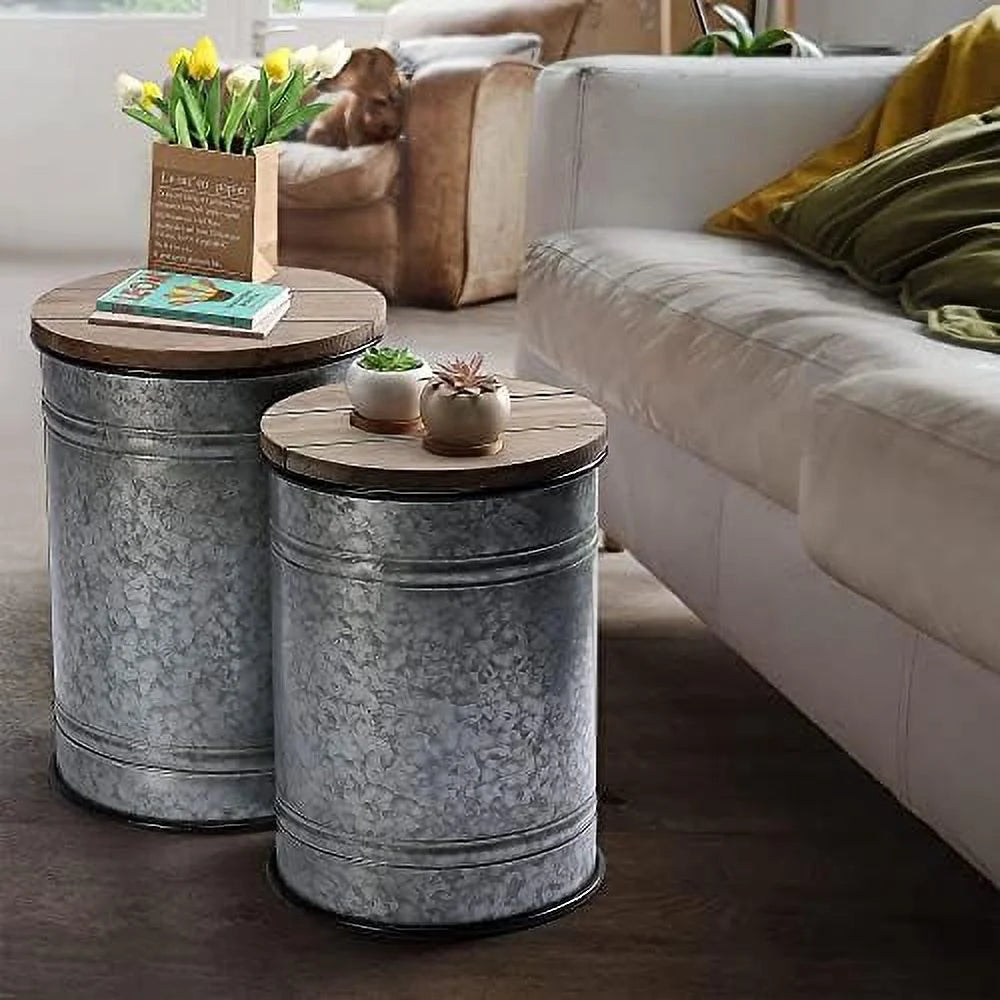 Rustic Ottoman Seat Stool Side Table Set of 2 A946370