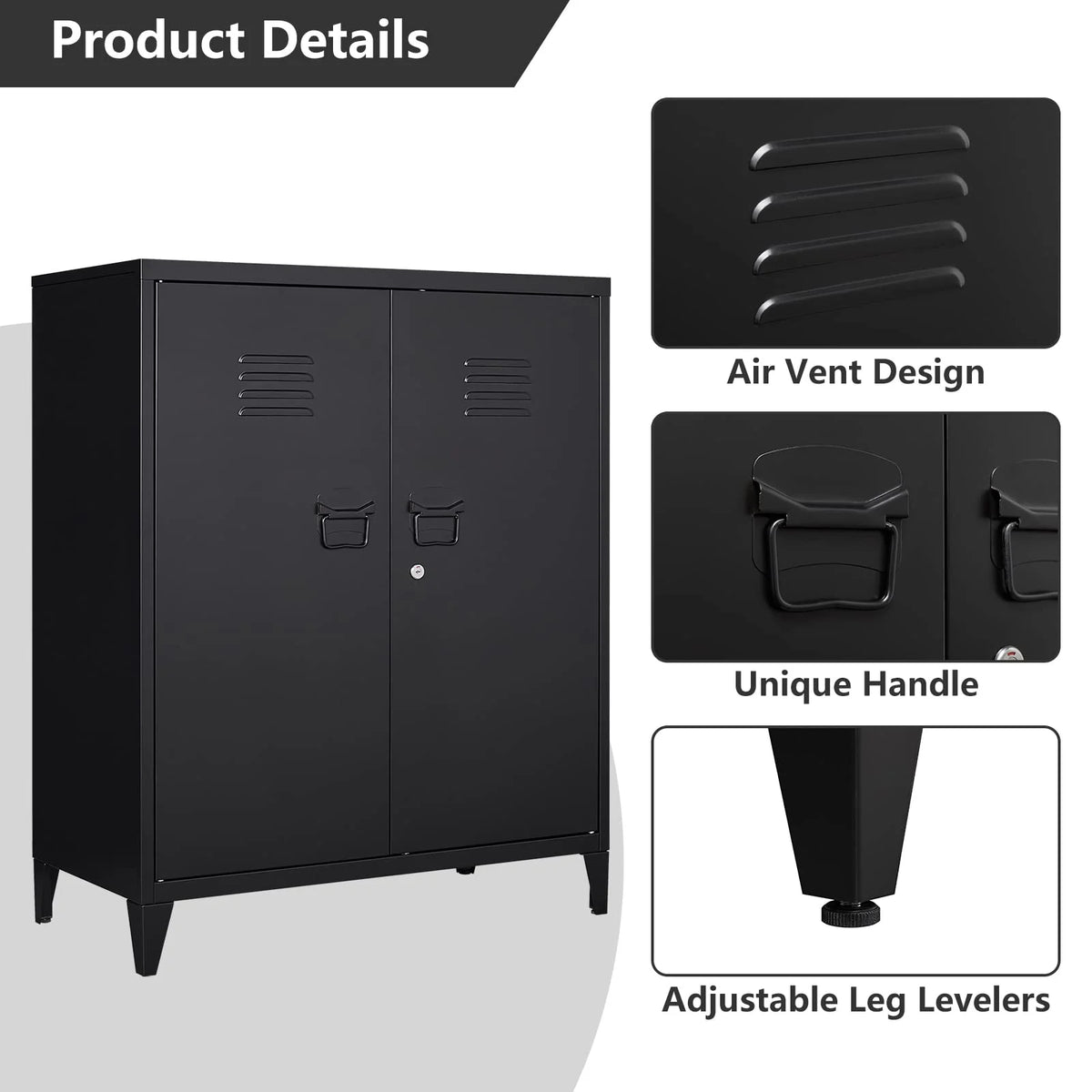 2 Door Metal Accent Cabinet with 2 Shelves, Black S579