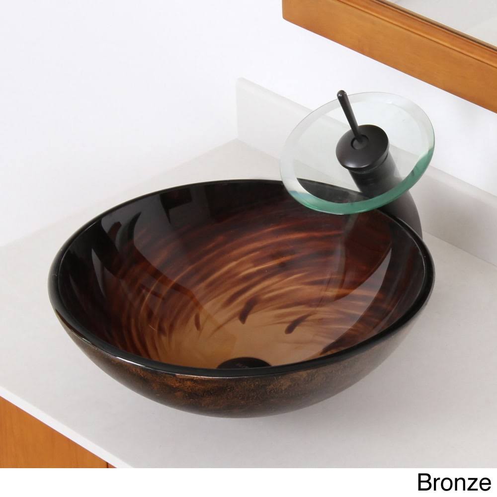 Brown Glass Vessel Sink and Waterfall Faucet J790412