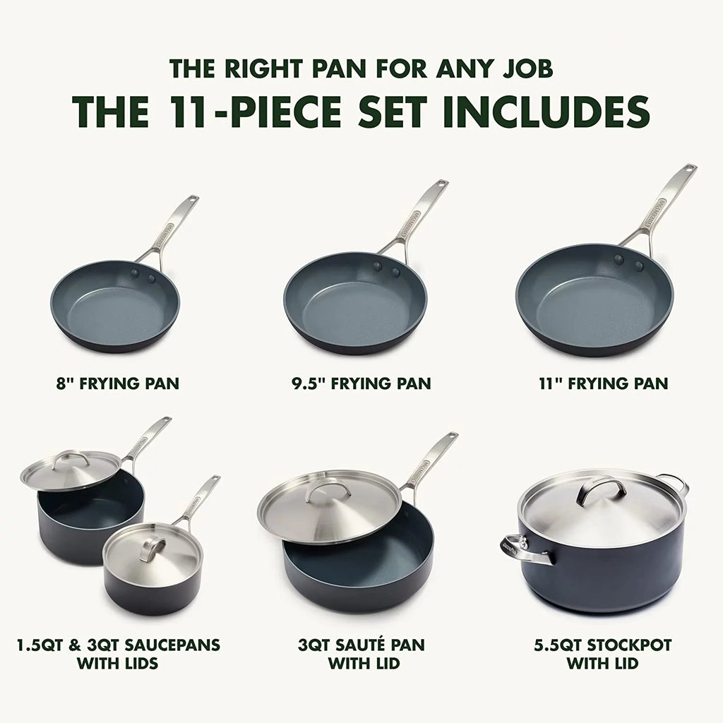 11 Piece Hard Anodized Ceramic Nonstick Cookware Set with Stainless Steel Lids O6929
