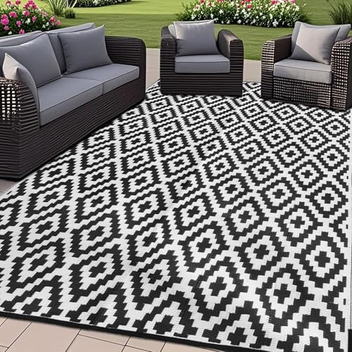 Waterproof Reversible Outdoor Rug 5x8 ft Black & Beige Q5411
