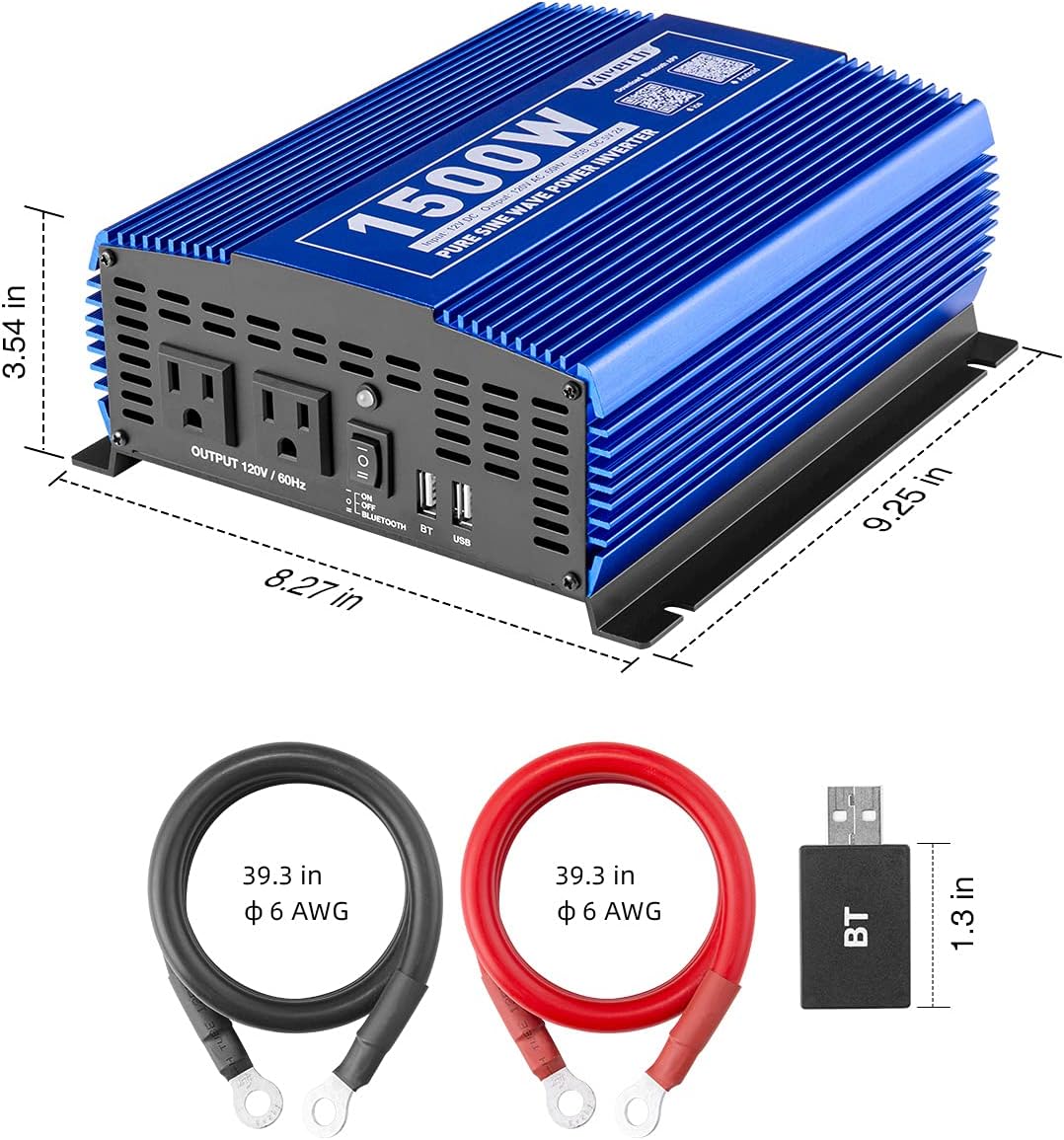 1500W Pure Sine Wave Power Inverter 12V DC to 110V AC with Bluetooth H5239