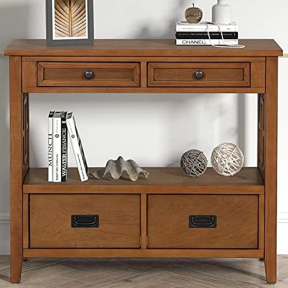 Antique White Narrow Wood Console Table with Drawers and Shelves S38396