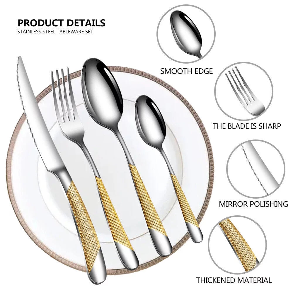 16 Piece Hammered Gold Plated Stainless Steel Flatware Set O52606