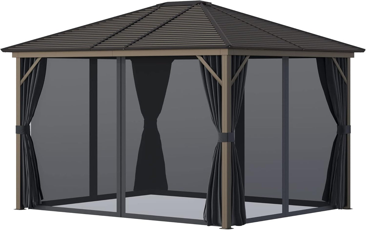 10x12 Hardtop Aluminum Gazebo with Curtains and Netting P49483