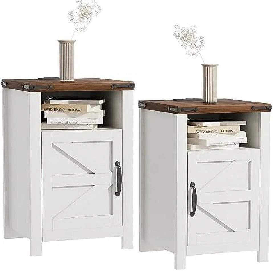 White Wooden Nightstand End Table with USB and Socket Set of 2 O70080