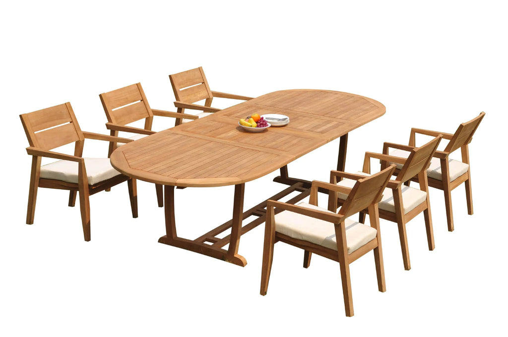 Grade-A Teak 7 Pc Dining Set with 6 Seater Oval Trestle Leg Table and 6 Stacking Arm Chairs Z42503