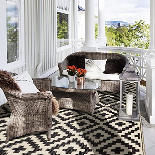 Waterproof Reversible Outdoor Rug 5x8 ft Black & Beige Q5411