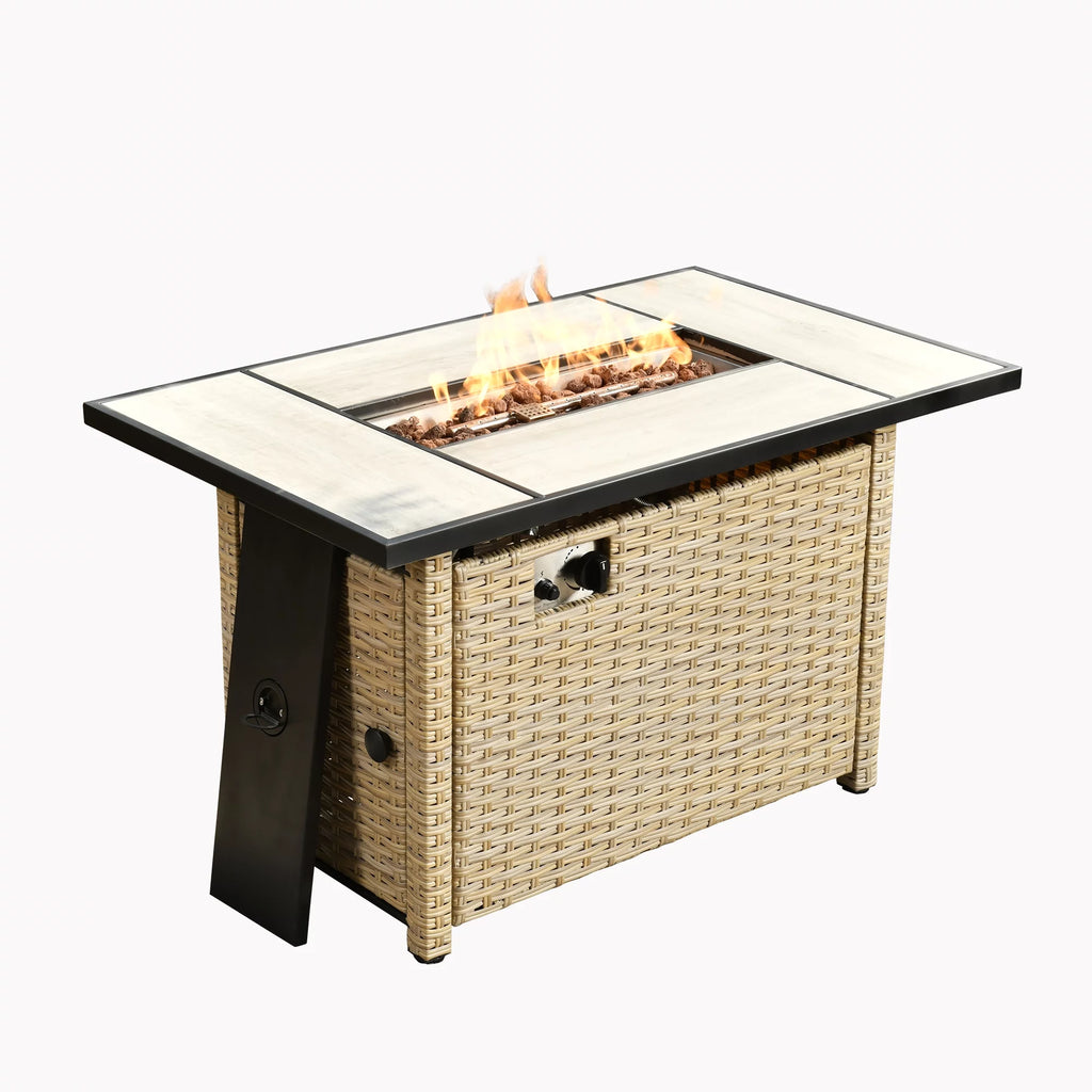 Outdoor Wicker Propane Fire Pit Table 42-Inch 50,000 BTU with Cover & Lid B3722