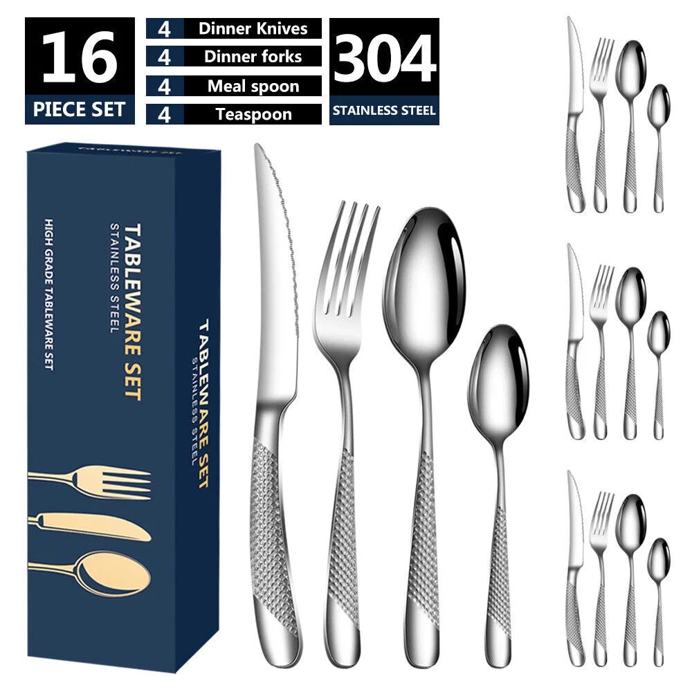 16 Piece Hammered Gold Plated Stainless Steel Flatware Set O52606