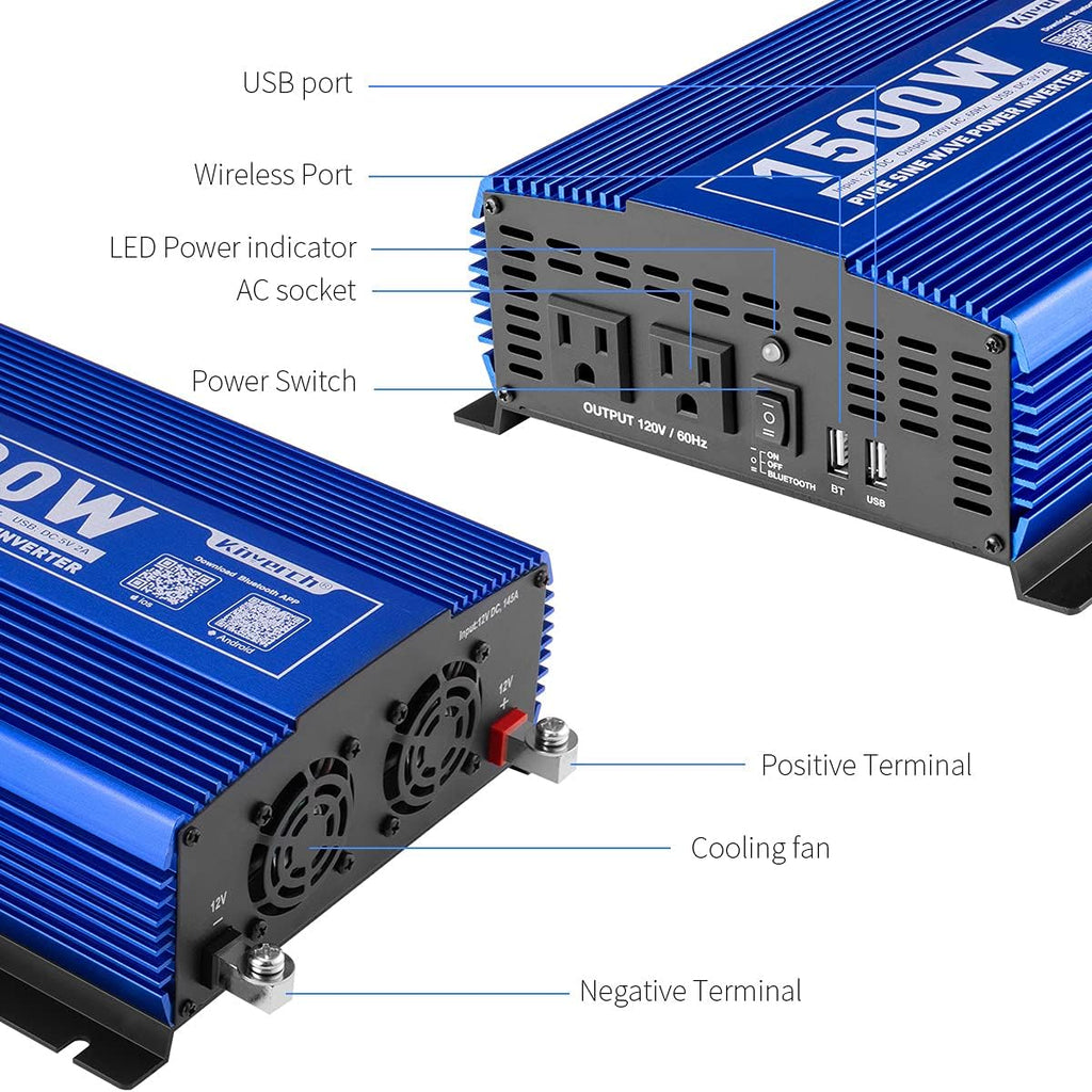 1500W Pure Sine Wave Power Inverter 12V DC to 110V AC with Bluetooth H5239