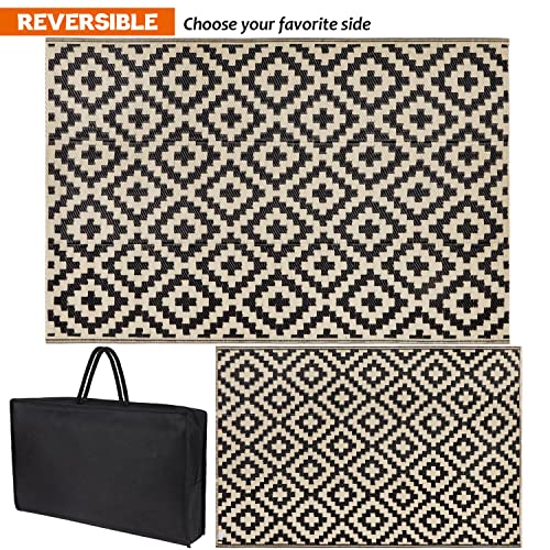 Waterproof Reversible Outdoor Rug 5x8 ft Black & Beige Q5411