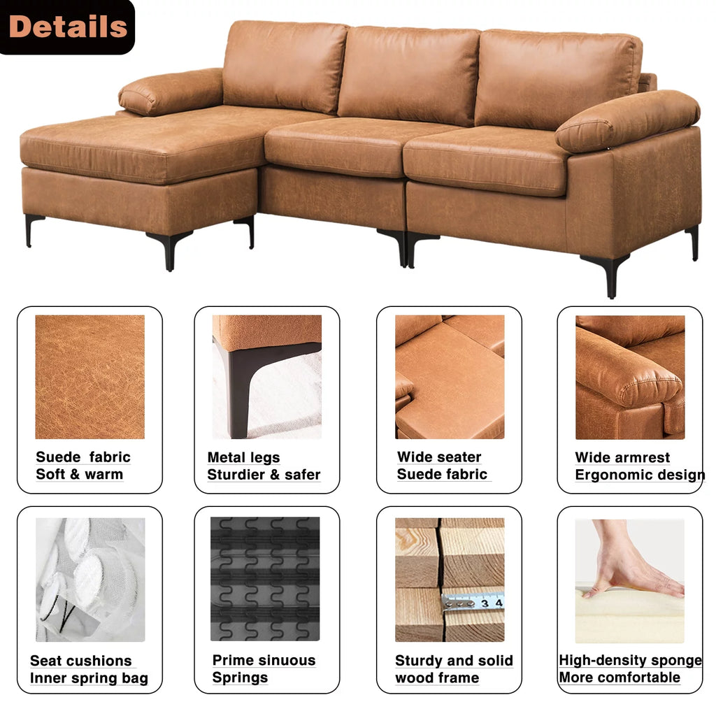 100" Convertible Sectional Sofa L Shaped Suede Couch L176205