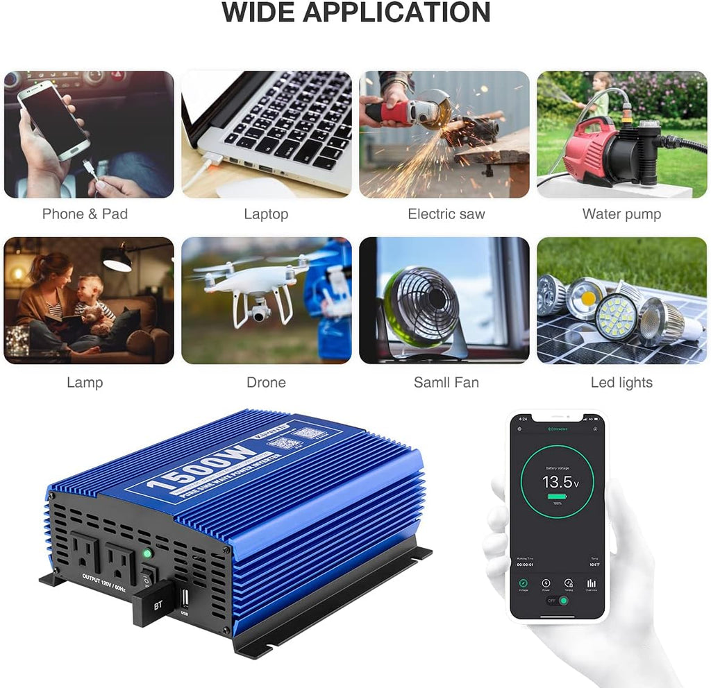 1500W Pure Sine Wave Power Inverter 12V DC to 110V AC with Bluetooth H5239