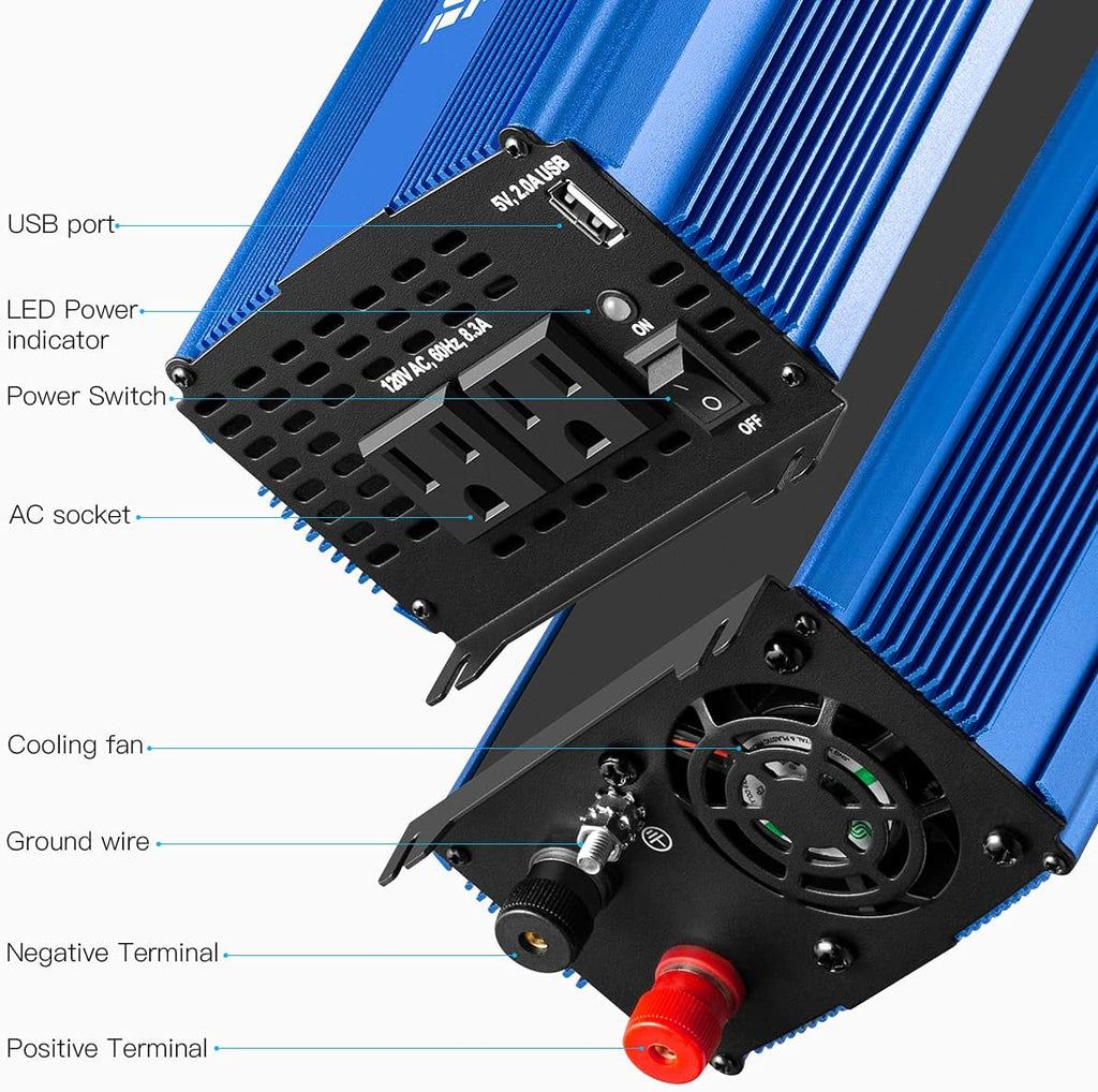 1500W Pure Sine Wave Power Inverter 12V DC to 110V AC with Bluetooth H5239