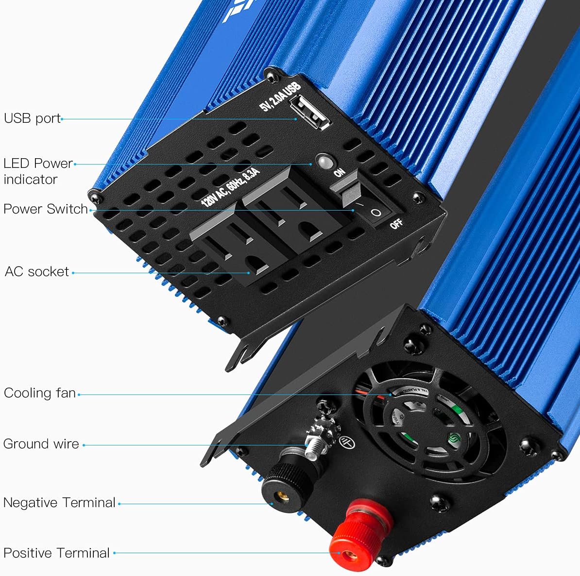 1500W Pure Sine Wave Power Inverter 12V DC to 110V AC with Bluetooth H5239