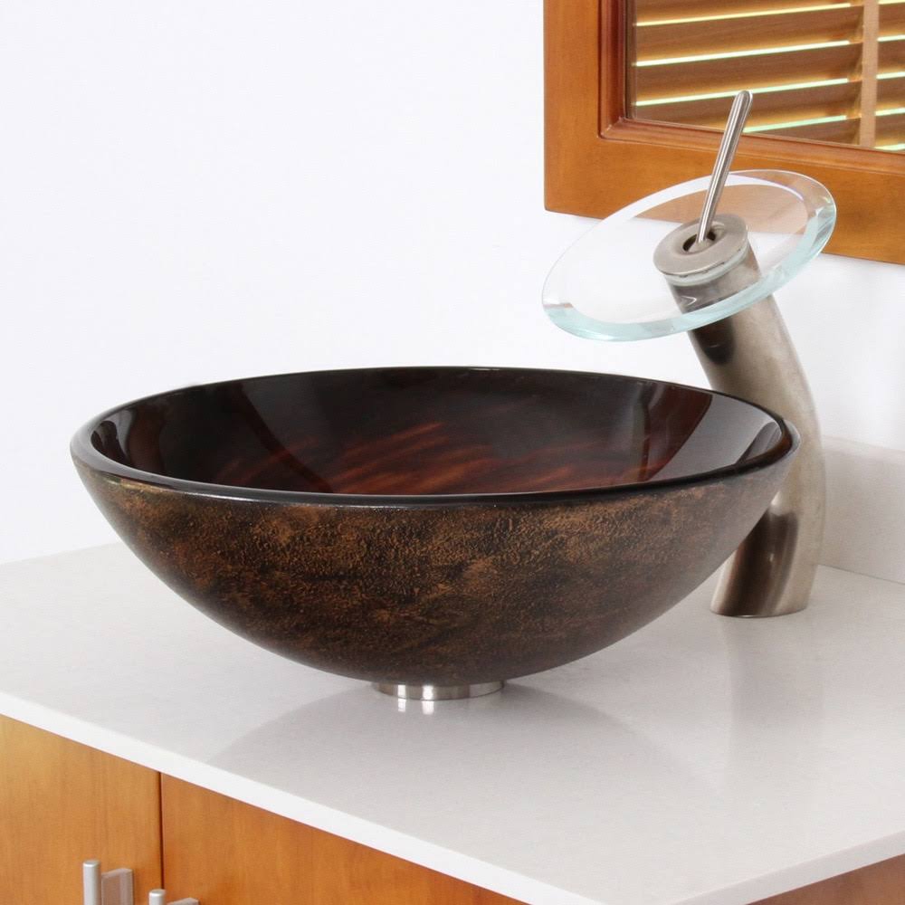 Brown Glass Vessel Sink and Waterfall Faucet J790412