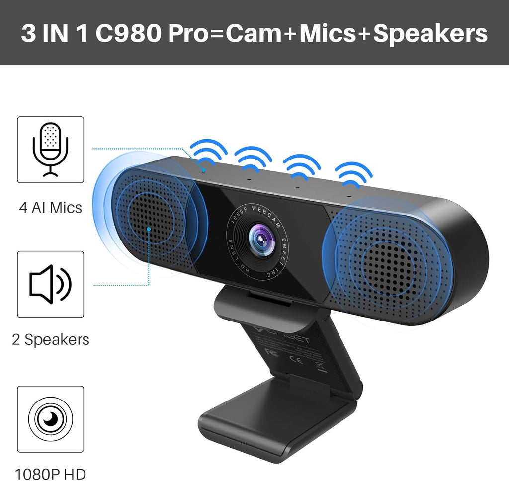 3 in 1 Webcam with Microphone, 2 Speakers & 4 Microphone Arrays, 1080P O942