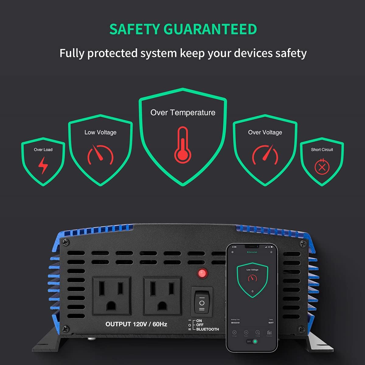 1500W Pure Sine Wave Power Inverter 12V DC to 110V AC with Bluetooth H5239