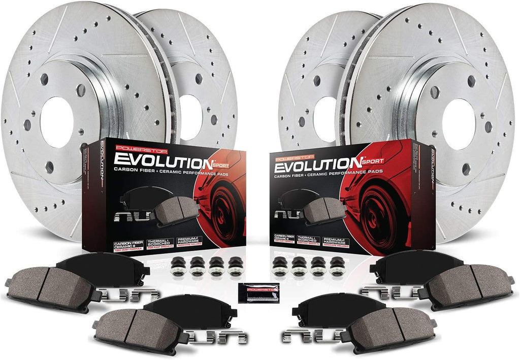 Front and Rear Carbon Fiber Brake Pads with Drilled & Slotted Brake Rotors Kit R214148