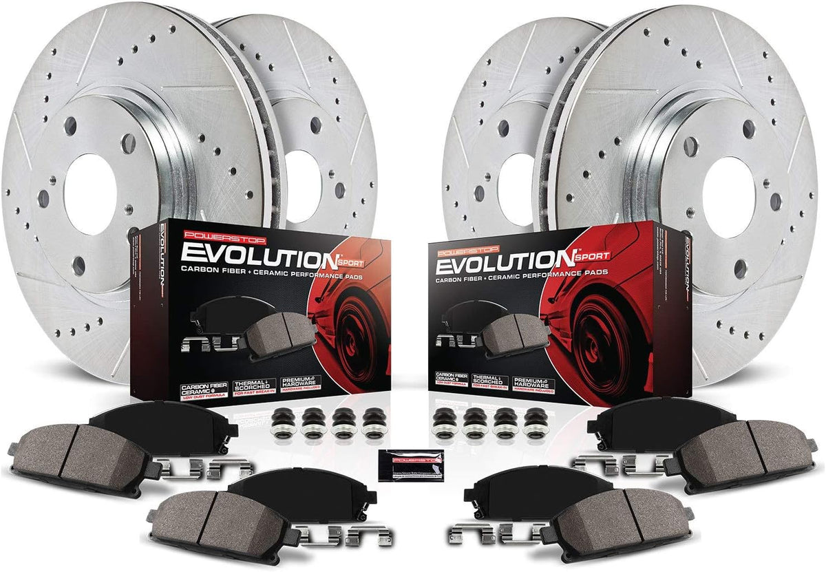 Front and Rear Carbon Fiber Brake Pads with Drilled & Slotted Brake Rotors Kit R214148
