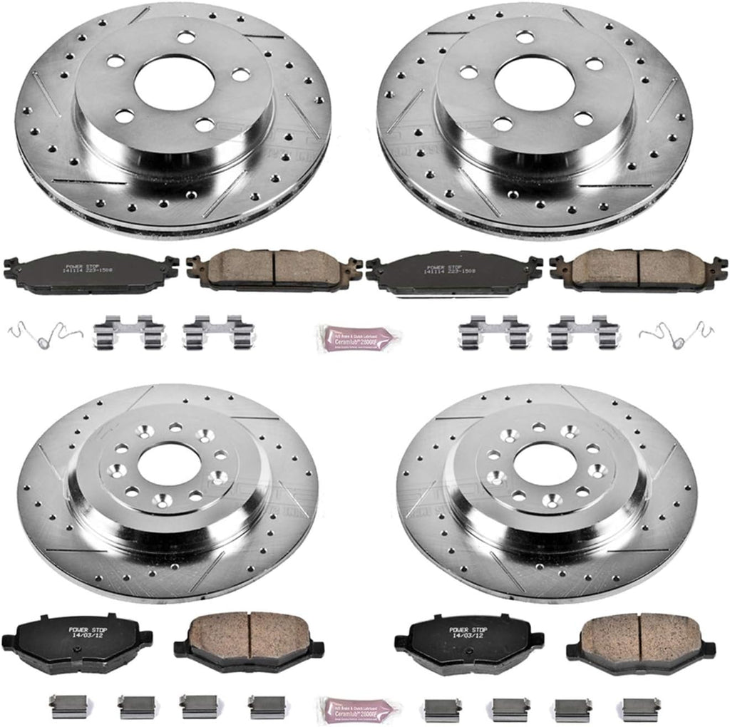 Front and Rear Carbon Fiber Brake Pads with Drilled & Slotted Brake Rotors Kit R214148
