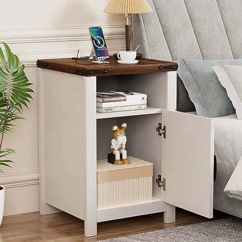 White Wooden Nightstand End Table with USB and Socket Set of 2 O70080