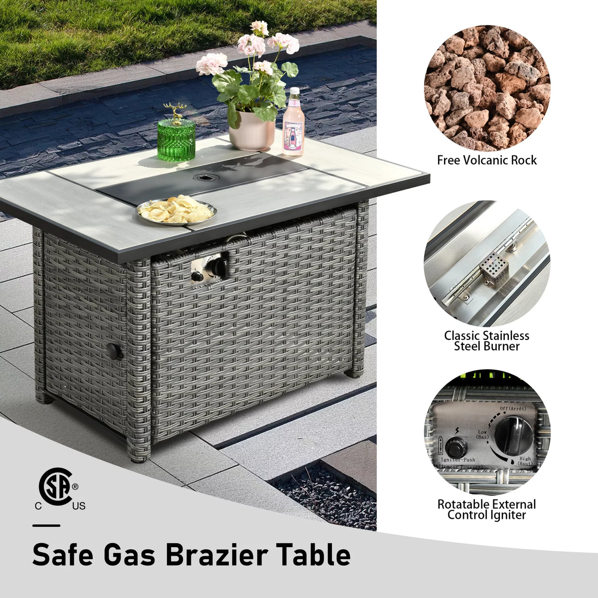 Outdoor Wicker Propane Fire Pit Table 42-Inch 50,000 BTU with Cover & Lid B3722