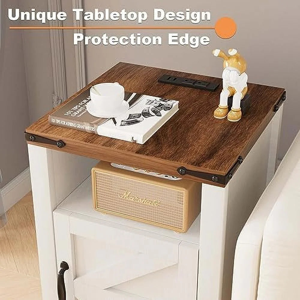 White Wooden Nightstand End Table with USB and Socket Set of 2 O70080