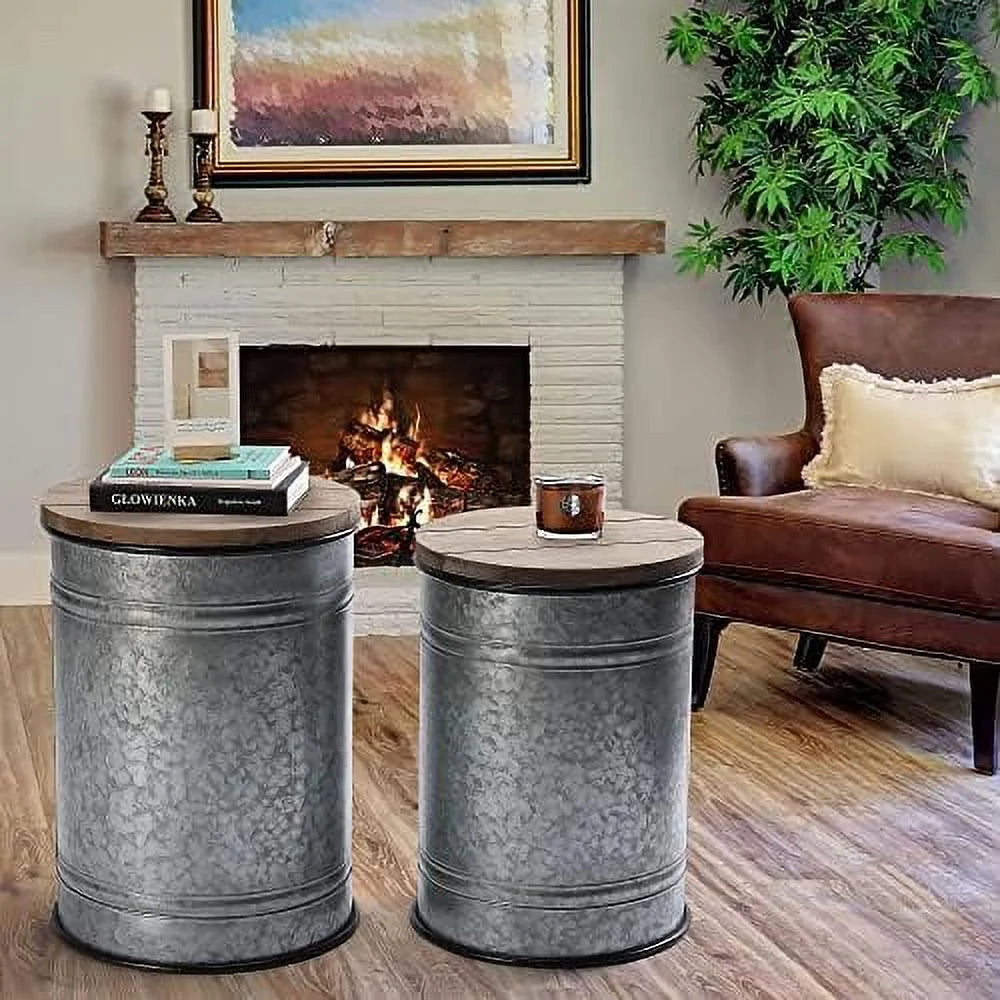 Rustic Ottoman Seat Stool Side Table Set of 2 A946370
