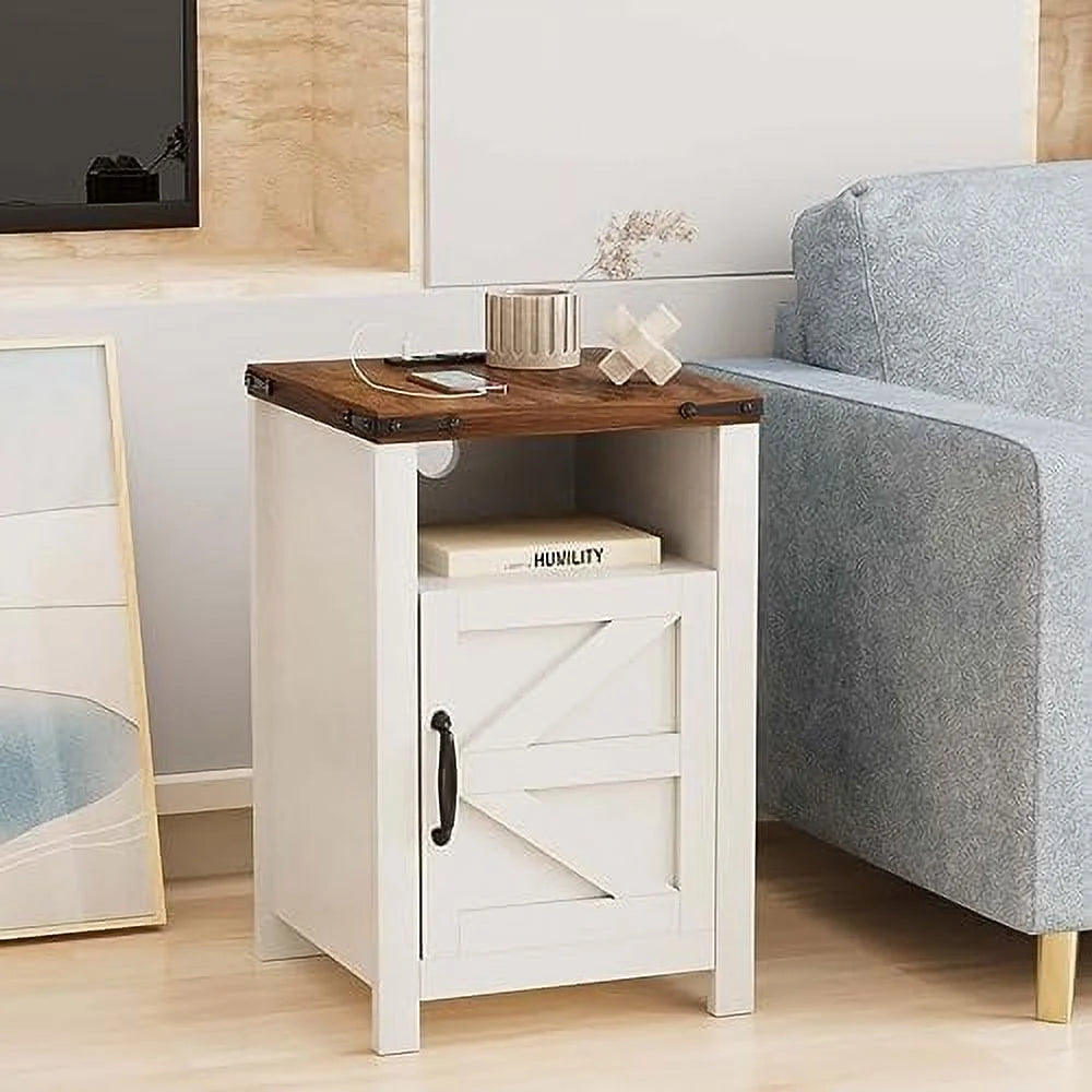 White Wooden Nightstand End Table with USB and Socket Set of 2 O70080