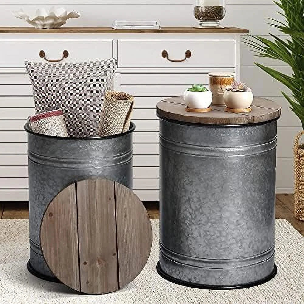Rustic Ottoman Seat Stool Side Table Set of 2 A946370