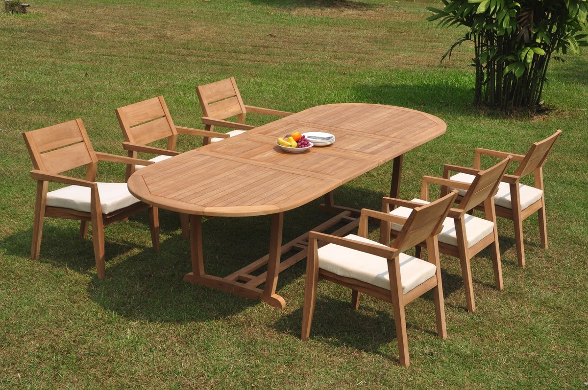 Grade-A Teak 7 Pc Dining Set with 6 Seater Oval Trestle Leg Table and 6 Stacking Arm Chairs Z42503