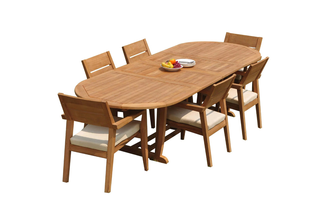 Grade-A Teak 7 Pc Dining Set with 6 Seater Oval Trestle Leg Table and 6 Stacking Arm Chairs Z42503