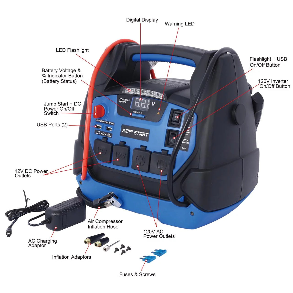 1800 Peak Amp Jump Starter with Air Compressor and AC Outlets A542