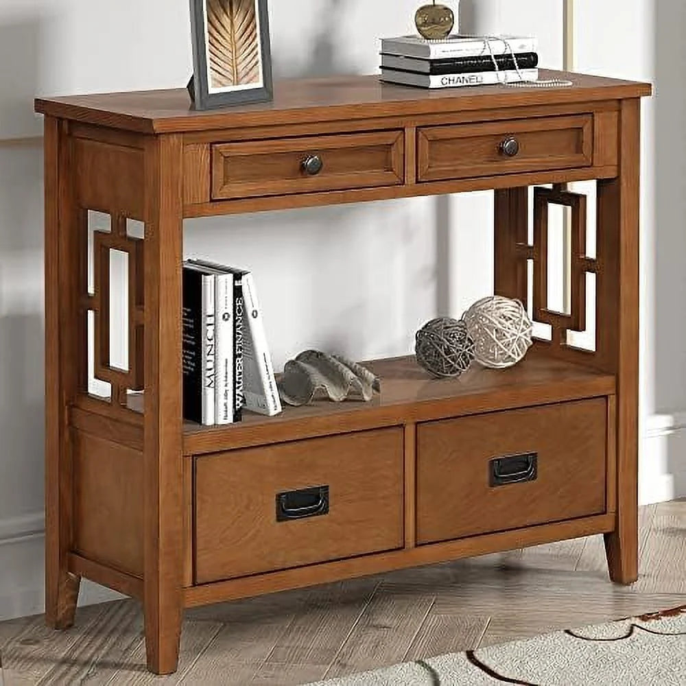 Antique White Narrow Wood Console Table with Drawers and Shelves S38396